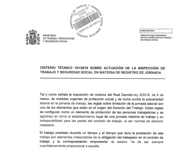 Foto de la página publicada por el Ministerio de Trabajo, Migraciones y Seguridad Social "Criterio Técnico 101/2019 sobre actuación de lnspección de Trabajo en materia de registro de jornada"