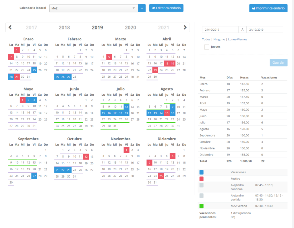 Imagen del calendario que muestra distintas jornadas laborales a lo largo del año en diferentes colores, vacaciones, vacaciones pendientes, horas mensuales y anuales...