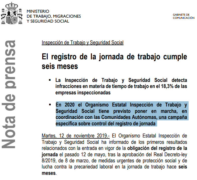 Imagen de la nota de prensa de Inspección de Trabajo y Seguridad Social donde anuncia que tiene previsto poner en marcha una campaña específica sobre control del registro de jornada.