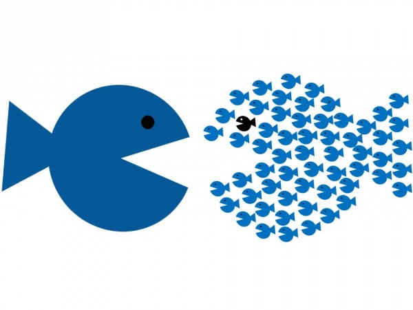 Imagen de pez grande que simboliza una gran empresa y muchos peces pequeños que simbolizan las pymes.